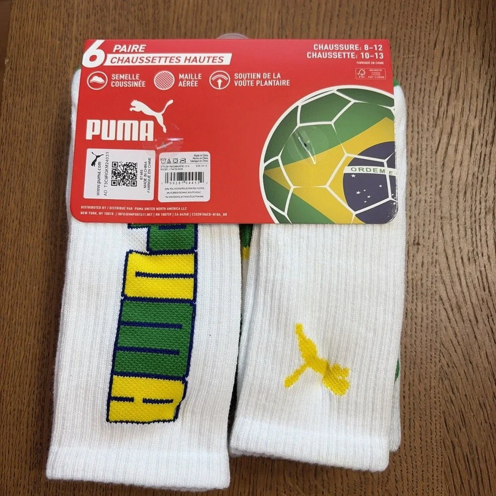 PUMA Men's World Cup Soccer Crew Socks Brasil Brazil - Shoe Size 8-12 - 6 Pair